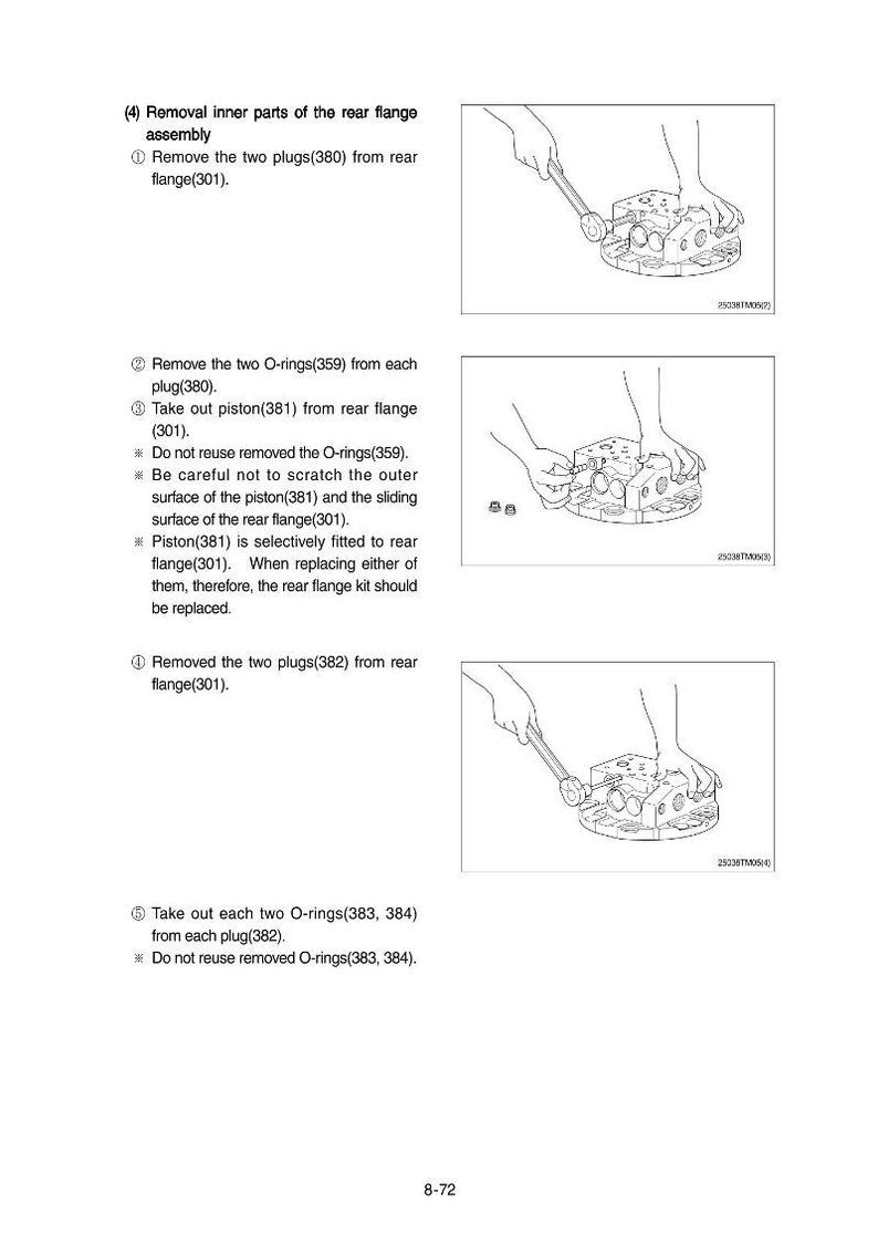 May include: Diagram of the removal of inner parts of a rear flange assembly. The steps include removing plugs, O-rings, and a piston from the rear flange. A wrench is used in the process. Text instructions are included.