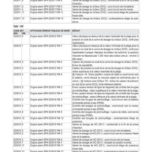 May include: A detailed table of electronic diagnostics and settings, featuring code art, SPN, FMI, error display, and default descriptions. The document provides technical information on engine alarms and component failures.