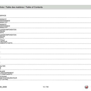 May include: A white document with the title "Inhaltsverzeichnis / Table des mati&egrave;res / Table of Contents" at the top. The document is a table of contents for a service manual, listing various parts and components.