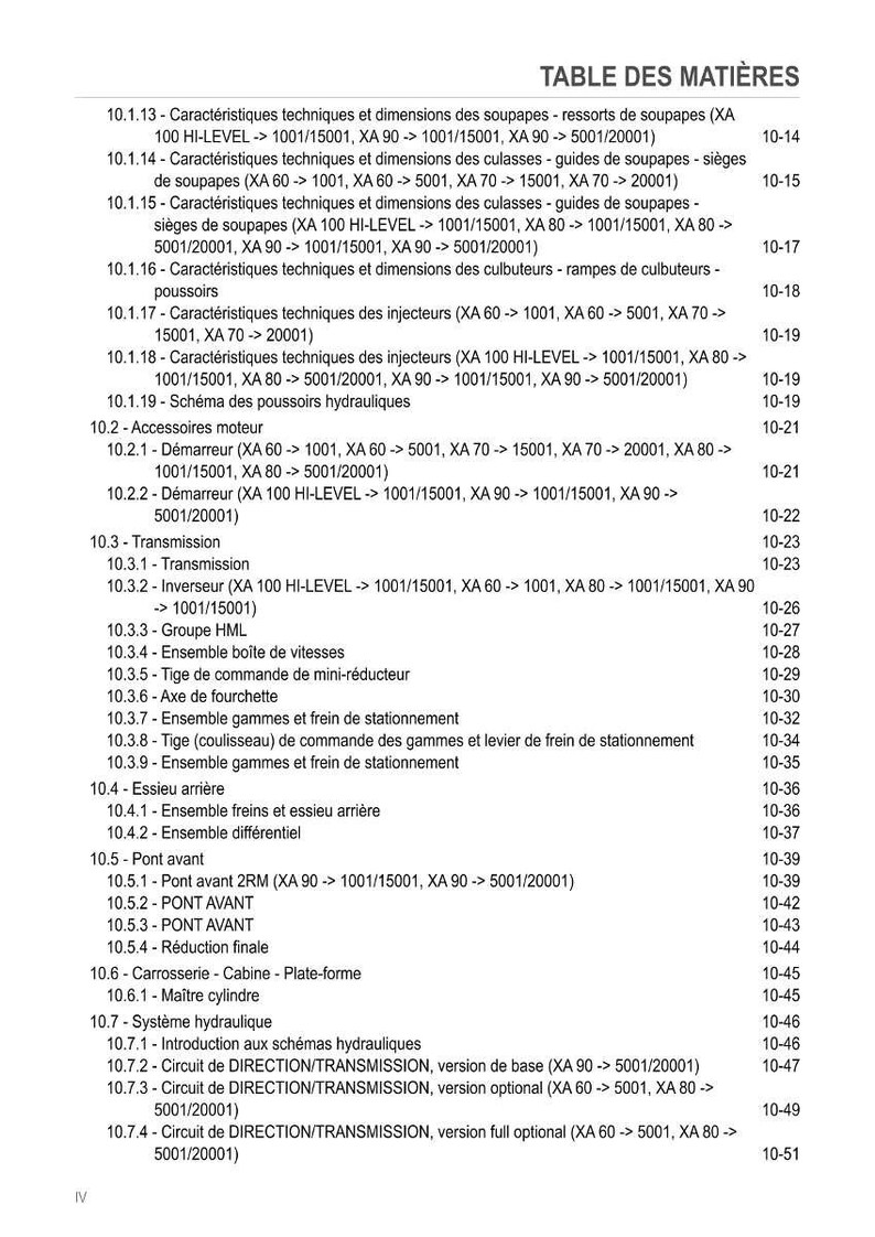 Może przedstawiać: Biały dokument zatytułowany "TABLE DES MATI&Egrave;RES" zawiera techniczne charakterystyki i wymiary r&oacute;żnych komponent&oacute;w mechanicznych, w tym zawor&oacute;w, wtryskiwaczy i przekładni. Dokument jest spisem treści.