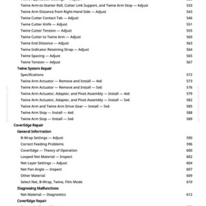 Op de afbeelding: Een witte pagina met een gedetailleerde inhoudsopgave. De tekst bevat termen als "Twine Arm", "CoverEdge Repair" en "Diagnosing Malfunctions", met bijbehorende paginanummers.