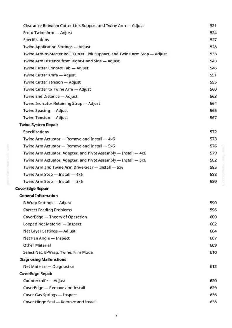 Op de afbeelding: Een witte pagina met een gedetailleerde inhoudsopgave. De tekst bevat termen als "Twine Arm", "CoverEdge Repair" en "Diagnosing Malfunctions", met bijbehorende paginanummers.