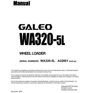 Puede incluir: Un manual de taller blanco con el texto "Shop Manual" en la parte superior. El manual presenta el logotipo "GALEO WA320-5L" y las palabras "WHEEL LOADER". Tambi&eacute;n se enumeran los n&uacute;meros de serie WA320-5L y A32001.