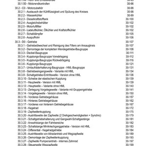 May include: A detailed table of contents in German, listing automotive components and procedures. Includes sections on engine components, cooling systems, and transmission parts. The document is organized with numbered sub-sections.