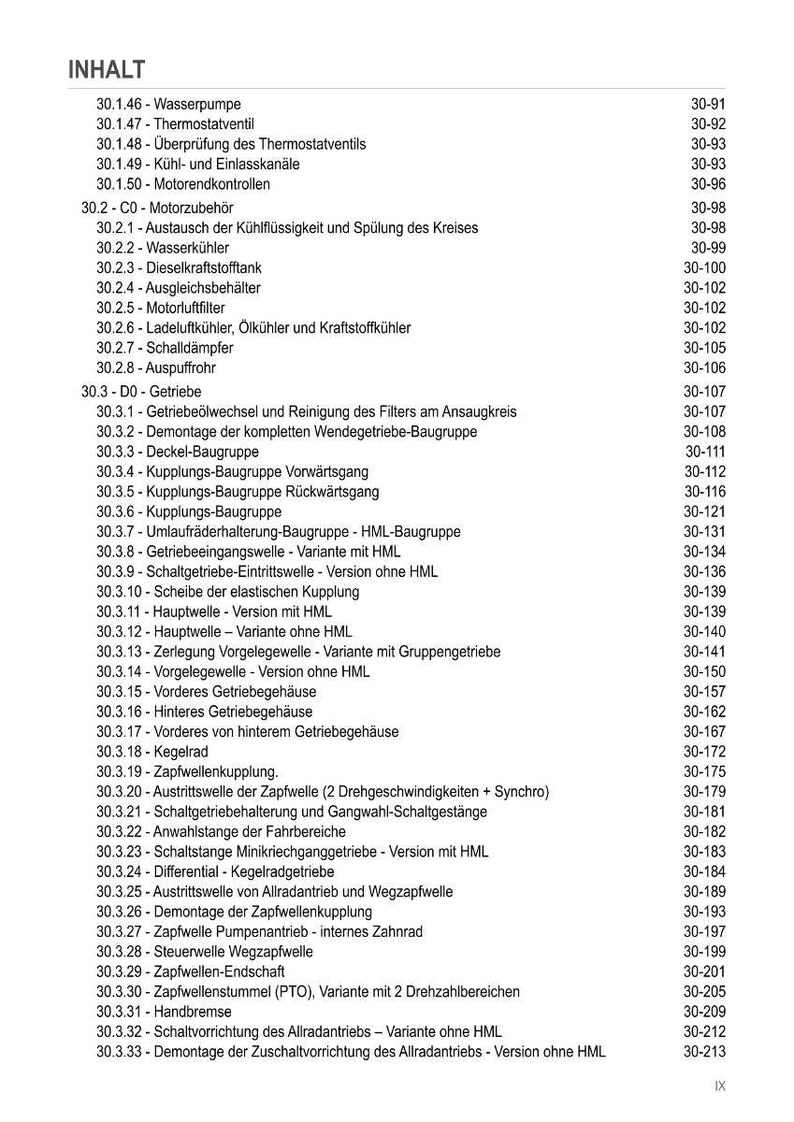 May include: A detailed table of contents in German, listing automotive components and procedures. Includes sections on engine components, cooling systems, and transmission parts. The document is organized with numbered sub-sections.