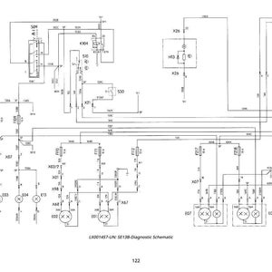 May include: A detailed black and white schematic diagram with numerous lines, symbols, and labels. The diagram includes text such as "LX001457-UN: SE138-Diagnostic Schematic" and "122". It appears to be an electrical or engineering diagram.