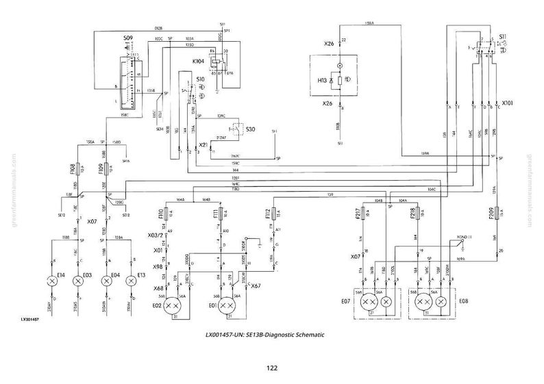 May include: A detailed black and white schematic diagram with numerous lines, symbols, and labels. The diagram includes text such as "LX001457-UN: SE138-Diagnostic Schematic" and "122". It appears to be an electrical or engineering diagram.