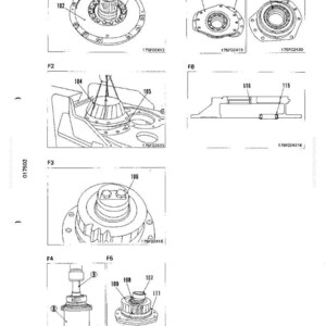 May include: Detailed technical diagram of various mechanical components, including gears, housings, and shafts. The diagram is labeled with numbers and letters, providing a visual guide to the parts and their assembly. The image is in black and white.