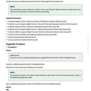 May include: A technical document titled "TC1 000713.14 - Left Inner Wing Depth Travel Range Restricted." The document includes diagnostic procedures, notes, and related information about electrical systems and troubleshooting for agricultural equipment.