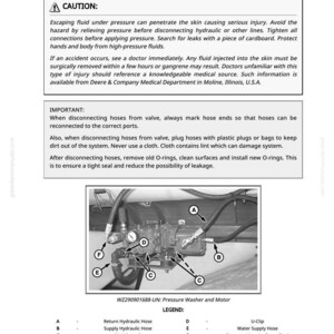 K&ouml;nnte beinhalten: Diagramm einer Hochdruckreinigerpumpe und eines Motors mit Kennzeichnungen f&uuml;r Hydraulikschl&auml;uche und Muttern. Enth&auml;lt Sicherheitshinweise zu Hochdruckfl&uuml;ssigkeiten und Installationsanweisungen.