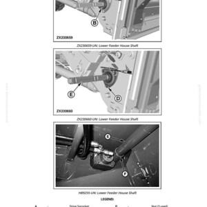 May include: Technical diagram of a machine component, featuring close-up views of the lower feeder house shaft. The images show various parts labeled with letters and include text descriptions. The diagram is in black and white.