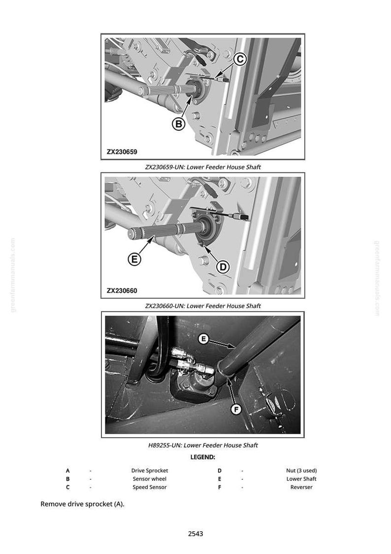 May include: Technical diagram of a machine component, featuring close-up views of the lower feeder house shaft. The images show various parts labeled with letters and include text descriptions. The diagram is in black and white.
