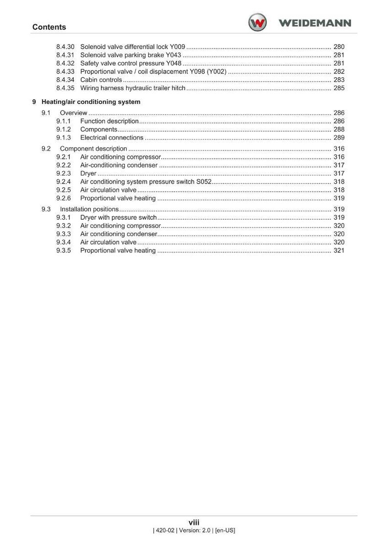 Może przedstawiać: Strona z instrukcji Weidemann, zawierająca spis treści z nagł&oacute;wkami takimi jak "Ogrzewanie/klimatyzacja" i "Opis komponent&oacute;w". Dokument zawiera terminy techniczne i numery stron.