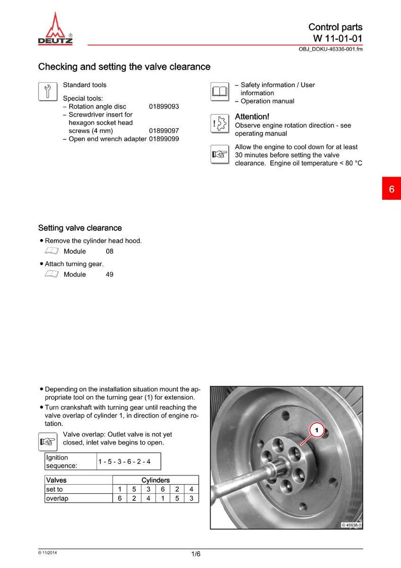 Pu&ograve; includere: Una pagina del manuale Deutz, intitolata "Controllo e regolazione del gioco valvole". Include istruzioni, diagrammi e specifiche degli strumenti. L'immagine mostra un primo piano di un componente del motore con uno strumento inserito.