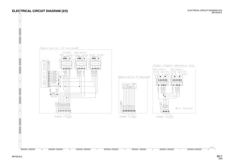 Może przedstawiać: Czarno-biały schemat obwodu elektrycznego (2/2) z tekstem i symbolami. Schemat zawiera etykiety takie jak "Radio control (if required)" i "Fender Emergency Stop Switch".
