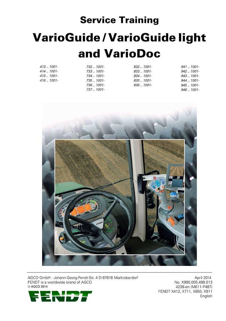 May include: Image of a tractor interior with a steering wheel, dashboard, and control panel. The image includes the text "Service Training" and "VarioGuide / VarioGuide light and VarioDoc". The Fendt logo is visible at the bottom.