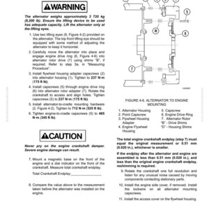 May include: Technical diagram showing alternator to engine mounting, with labeled components and torque specifications in N-m and ft lb. Includes warnings and cautions for safe installation and measurement instructions.