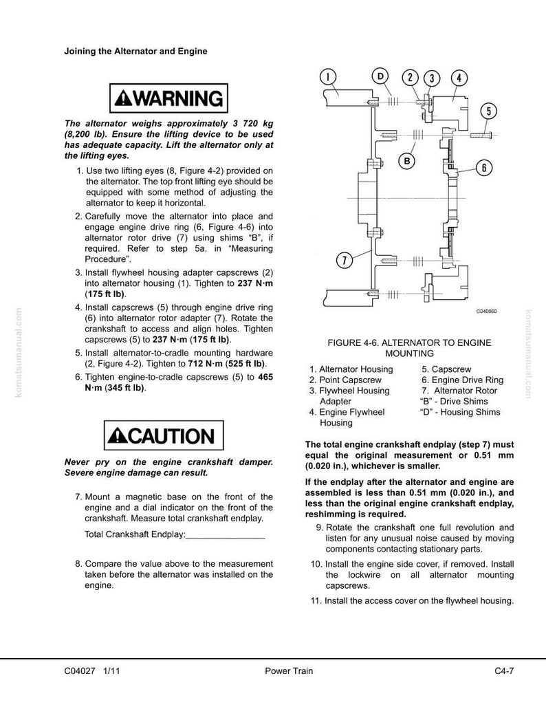May include: Technical diagram showing alternator to engine mounting, with labeled components and torque specifications in N-m and ft lb. Includes warnings and cautions for safe installation and measurement instructions.