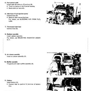 May include: Black and white engine assembly diagram with numbered parts and text descriptions. Includes images of engine components, such as fuel control cable, radiator assembly, and battery installation instructions.