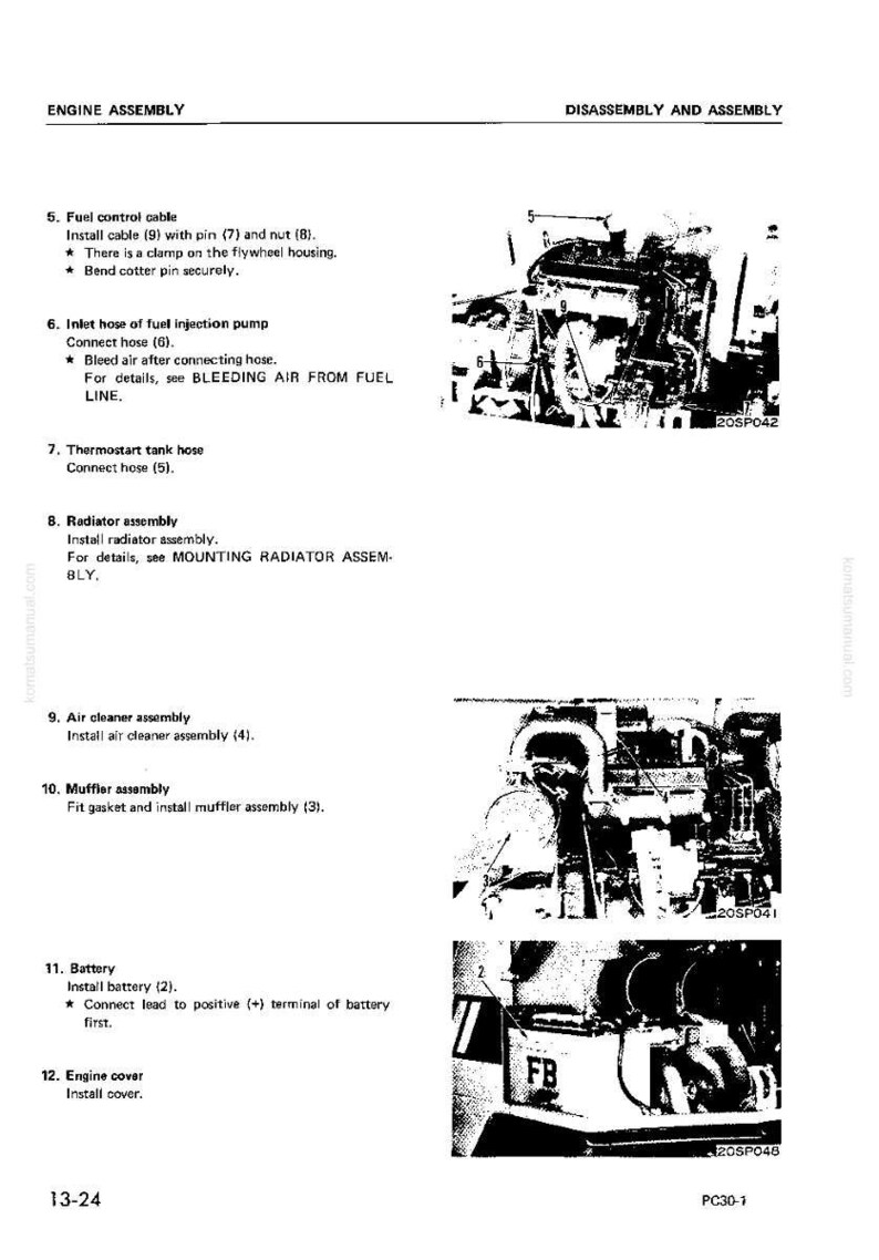 May include: Black and white engine assembly diagram with numbered parts and text descriptions. Includes images of engine components, such as fuel control cable, radiator assembly, and battery installation instructions.