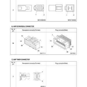May include: Diagram of electrical connectors, including 375 Fasten Type, AMP Econoseal, and AMP Timer connectors. Each connector type is shown with female receptacle and male plug versions, with pin counts and part numbers.