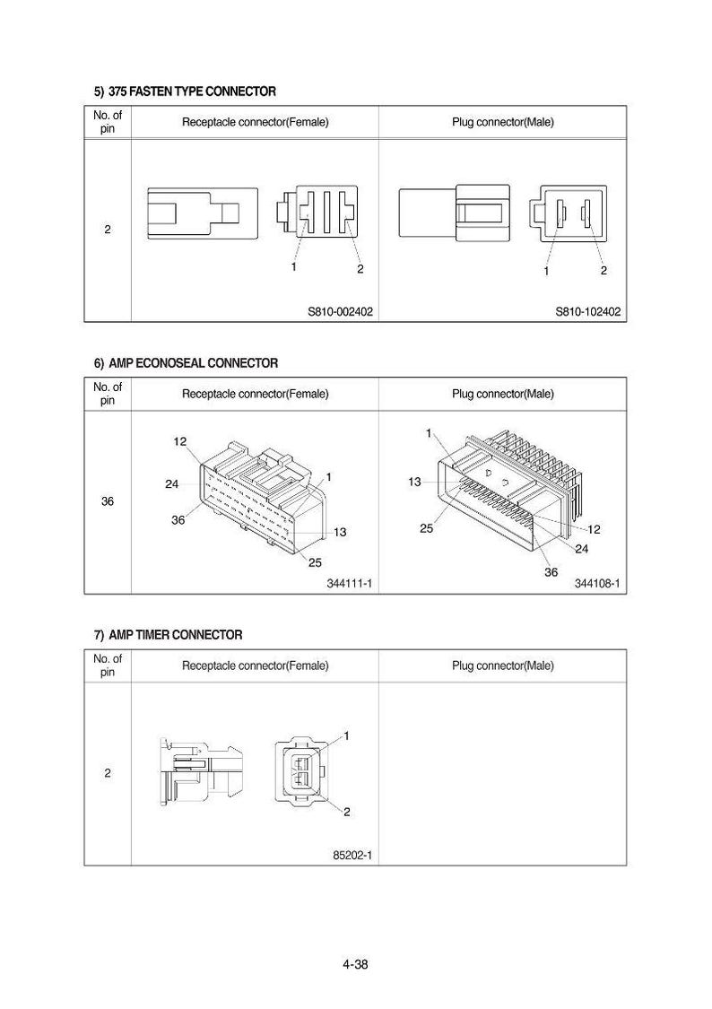May include: Diagram of electrical connectors, including 375 Fasten Type, AMP Econoseal, and AMP Timer connectors. Each connector type is shown with female receptacle and male plug versions, with pin counts and part numbers.