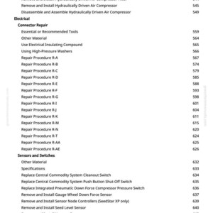 May include: A white page with a detailed table of contents, listing various repair procedures and installation instructions for air compressors, sensors, and electrical components. The page includes a website address.