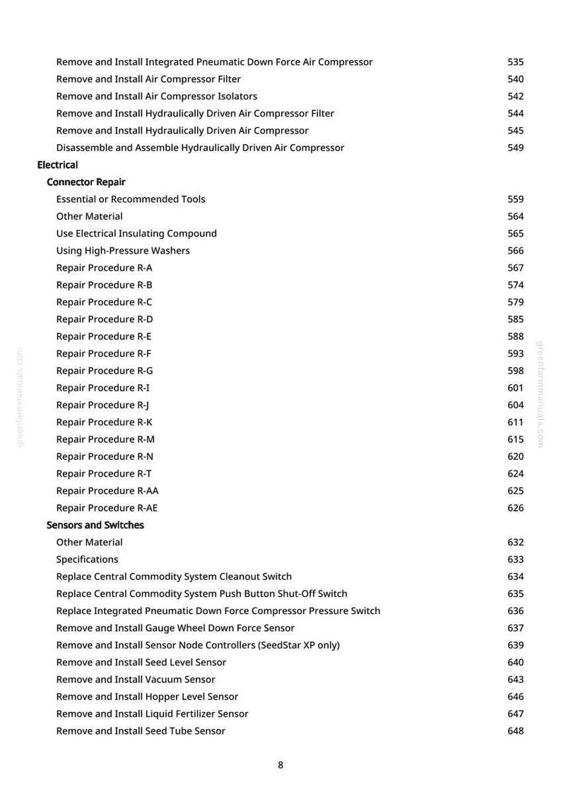 May include: A white page with a detailed table of contents, listing various repair procedures and installation instructions for air compressors, sensors, and electrical components. The page includes a website address.