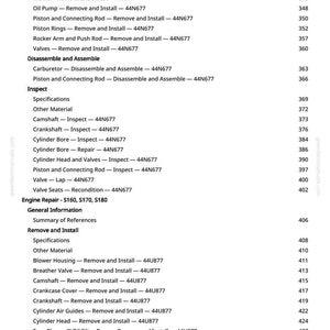 May include: A detailed parts list for engine repair, featuring various components like the oil pump, piston rings, and valves. The document includes instructions for removal, installation, and inspection, with page numbers for easy reference. The text is in black font on a white background.