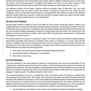 May include: A page from a manual detailing the setup of a robotic lawnmower. Instructions include setting keep-out perimeters and yard perimeters, with steps for navigation settings and distance measurements in meters and feet.