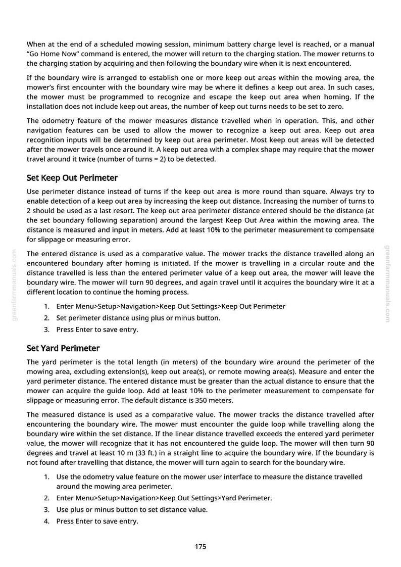 May include: A page from a manual detailing the setup of a robotic lawnmower. Instructions include setting keep-out perimeters and yard perimeters, with steps for navigation settings and distance measurements in meters and feet.