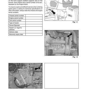 May include: Black and white technical diagram of a tractor, with close-up views of engine components and serial number locations. Text includes "Tractor identification" and a table for chassis, engine, and cab serial numbers.