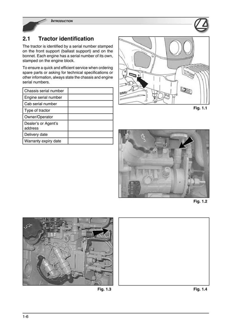 May include: Black and white technical diagram of a tractor, with close-up views of engine components and serial number locations. Text includes "Tractor identification" and a table for chassis, engine, and cab serial numbers.
