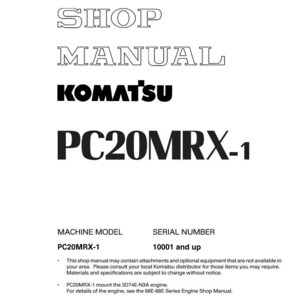 Pu&ograve; includere: Un manuale di officina bianco con il testo "SHOP MANUAL KOMATSU PC20MRX-1". Il manuale include il modello macchina PC20MRX-1 e il numero di serie 10001 e successivi. Il manuale &egrave; stampato in Giappone.