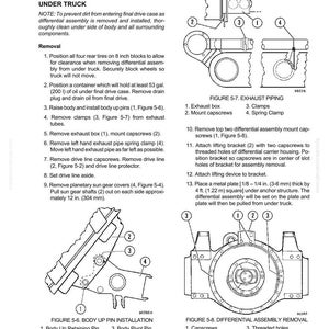 Pu&ograve; includere: Diagrammi tecnici che illustrano il servizio di montaggio del supporto del differenziale, compresi i tubi di scarico e l'installazione dei perni di sollevamento della carrozzeria. Misure in pollici e piedi, con diagrammi dei componenti.