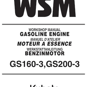 Peut inclure: Un document blanc avec les lettres noires en gras "WSM" en haut. En dessous, le texte indique "WORKSHOP MANUAL GASOLINE ENGINE" en anglais, fran&ccedil;ais et allemand. Le document liste &eacute;galement "GS160-3, GS200-3" et le logo Kubota.