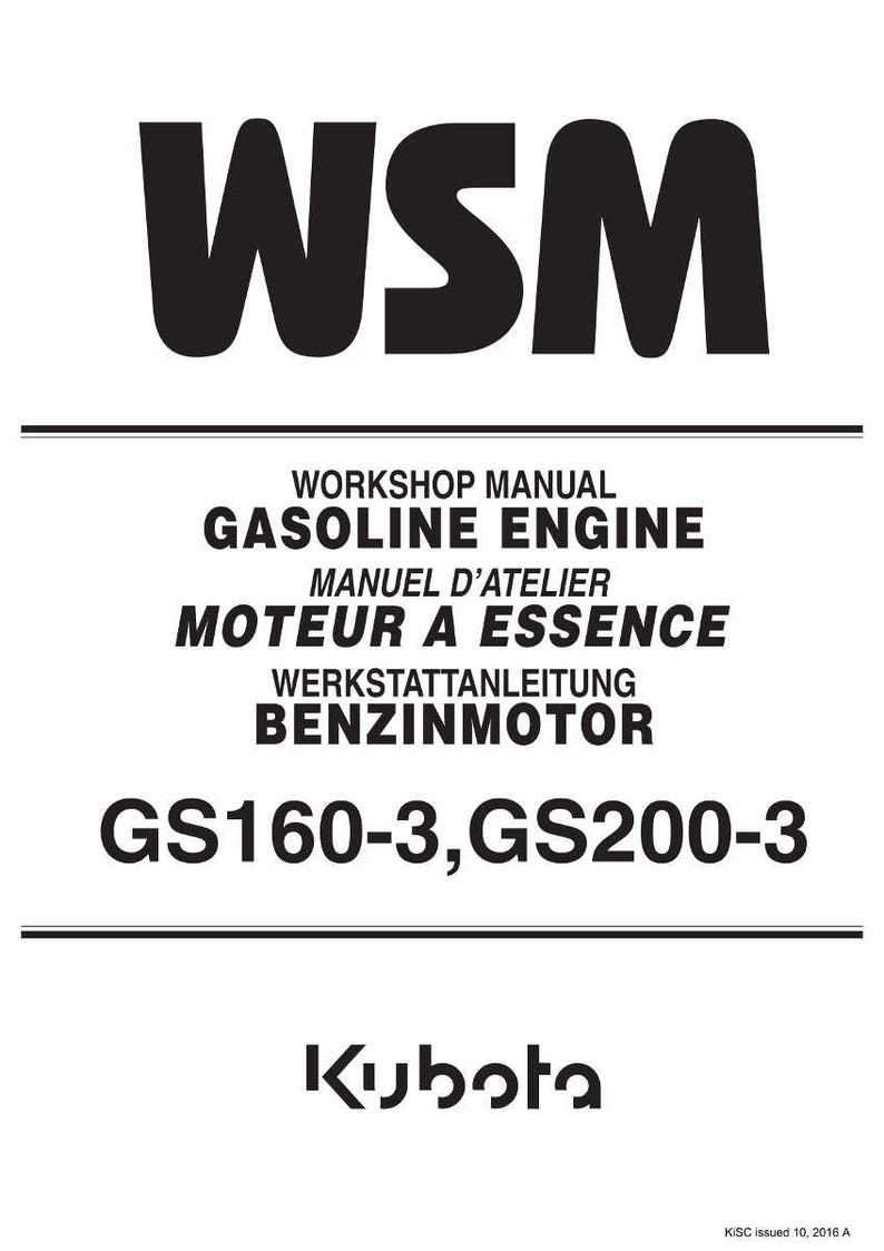 Peut inclure: Un document blanc avec les lettres noires en gras "WSM" en haut. En dessous, le texte indique "WORKSHOP MANUAL GASOLINE ENGINE" en anglais, fran&ccedil;ais et allemand. Le document liste &eacute;galement "GS160-3, GS200-3" et le logo Kubota.