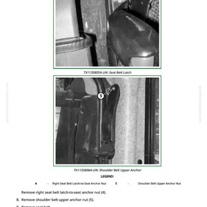 May include: Black and white diagram of car seat belt components. Includes close-up views of the seat belt latch and shoulder belt anchor, with labels and instructions for removal and installation.
