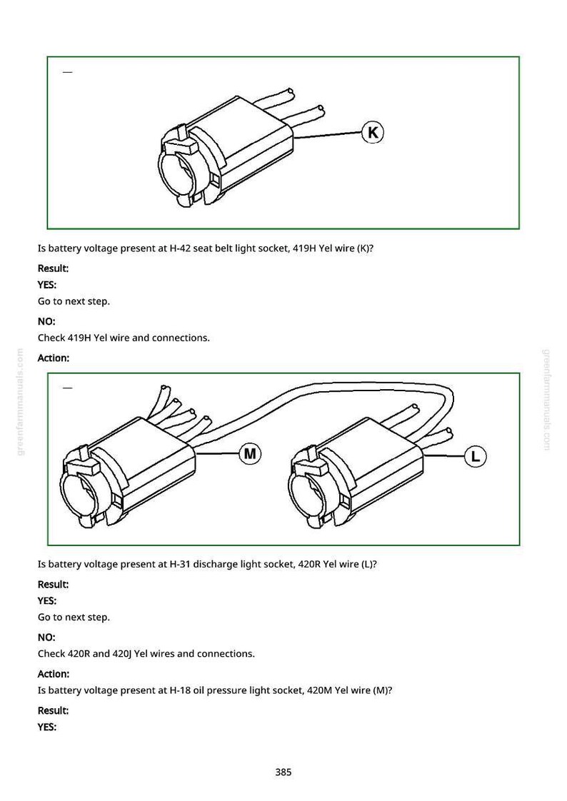 Op de afbeelding: Diagram van auto-elektrische connectoren met bedrading, gelabeld K, L en M. Het diagram bevat tekst over batterijspanningscontroles voor verschillende circuits, waaronder veiligheidsgordel, ontladingslampje en oliedruk.