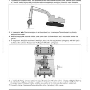 Pu&ograve; includere: Schema che mostra lo smontaggio e il montaggio di un componente della macchina. L'immagine include un disegno di un escavatore e una vista dettagliata di una parte meccanica con un indicatore di misurazione di 150 mm. Il testo include istruzioni di sicurezza e un avviso.