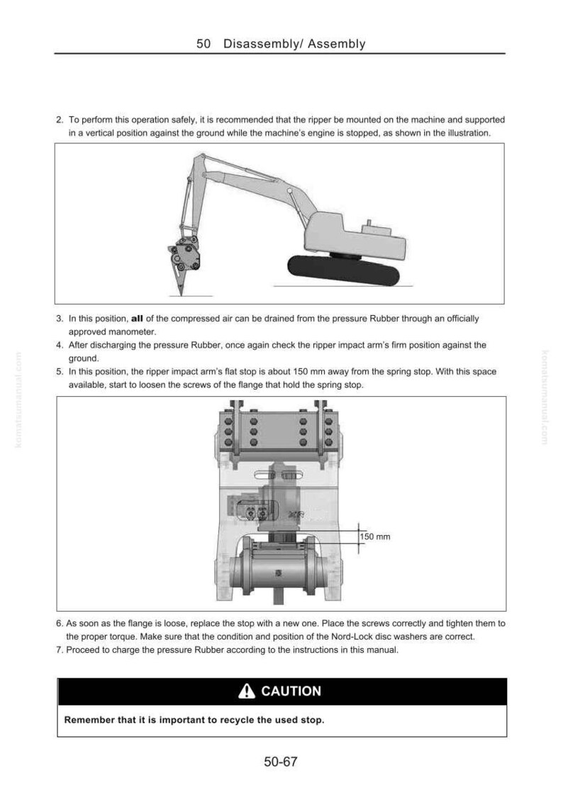 Pu&ograve; includere: Schema che mostra lo smontaggio e il montaggio di un componente della macchina. L'immagine include un disegno di un escavatore e una vista dettagliata di una parte meccanica con un indicatore di misurazione di 150 mm. Il testo include istruzioni di sicurezza e un avviso.
