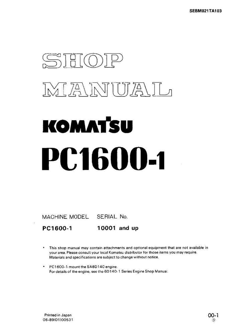 May include: A white shop manual with the text "SHOP MANUAL" in a stylized font. The Komatsu logo and "PC1600-1" are prominently displayed. Additional text includes "MACHINE MODEL PC1600-1" and "SERIAL No. 10001 and up".