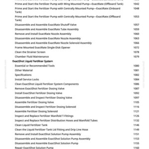May include: A detailed list of procedures and part names for the ExactShot Liquid Fertilizer System, including pump assembly, valve maintenance, and tank cleaning. The text is in black font on a white background, with a green website address in the top right corner.