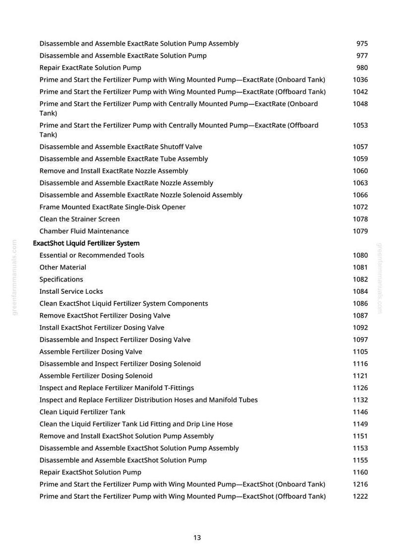 May include: A detailed list of procedures and part names for the ExactShot Liquid Fertilizer System, including pump assembly, valve maintenance, and tank cleaning. The text is in black font on a white background, with a green website address in the top right corner.