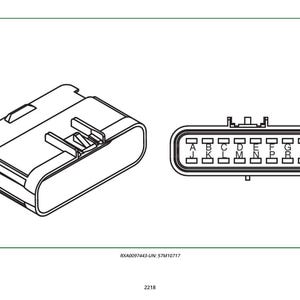 以下が含まれることがあります： 2つの電気コネクタの白黒線画。1つはロック機構付きの長方形で、もう1つはラベル付きピンの長方形配列です。下部のテキストはRXA0097443-UN: 57M10717および2218と読みます。