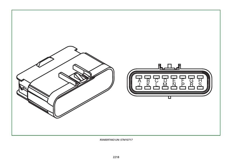 以下が含まれることがあります： 2つの電気コネクタの白黒線画。1つはロック機構付きの長方形で、もう1つはラベル付きピンの長方形配列です。下部のテキストはRXA0097443-UN: 57M10717および2218と読みます。