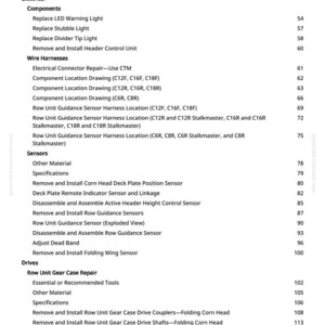 May include: A manual page with a detailed table of contents. Sections include Electrical, Wire Harnesses, and Sensors. The text lists components and procedures, such as replacing lights and installing sensors, with page numbers.