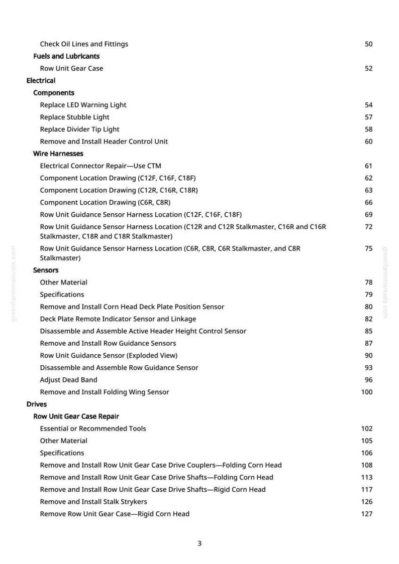May include: A manual page with a detailed table of contents. Sections include Electrical, Wire Harnesses, and Sensors. The text lists components and procedures, such as replacing lights and installing sensors, with page numbers.