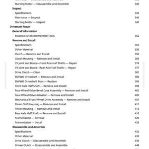 May include: A page from a greenfarmmanuals.com manual, with a detailed table of contents. The text lists various automotive repair procedures, including "Clutch - Remove and Install" and "Transmission - Remove". Page numbers are listed on the right.