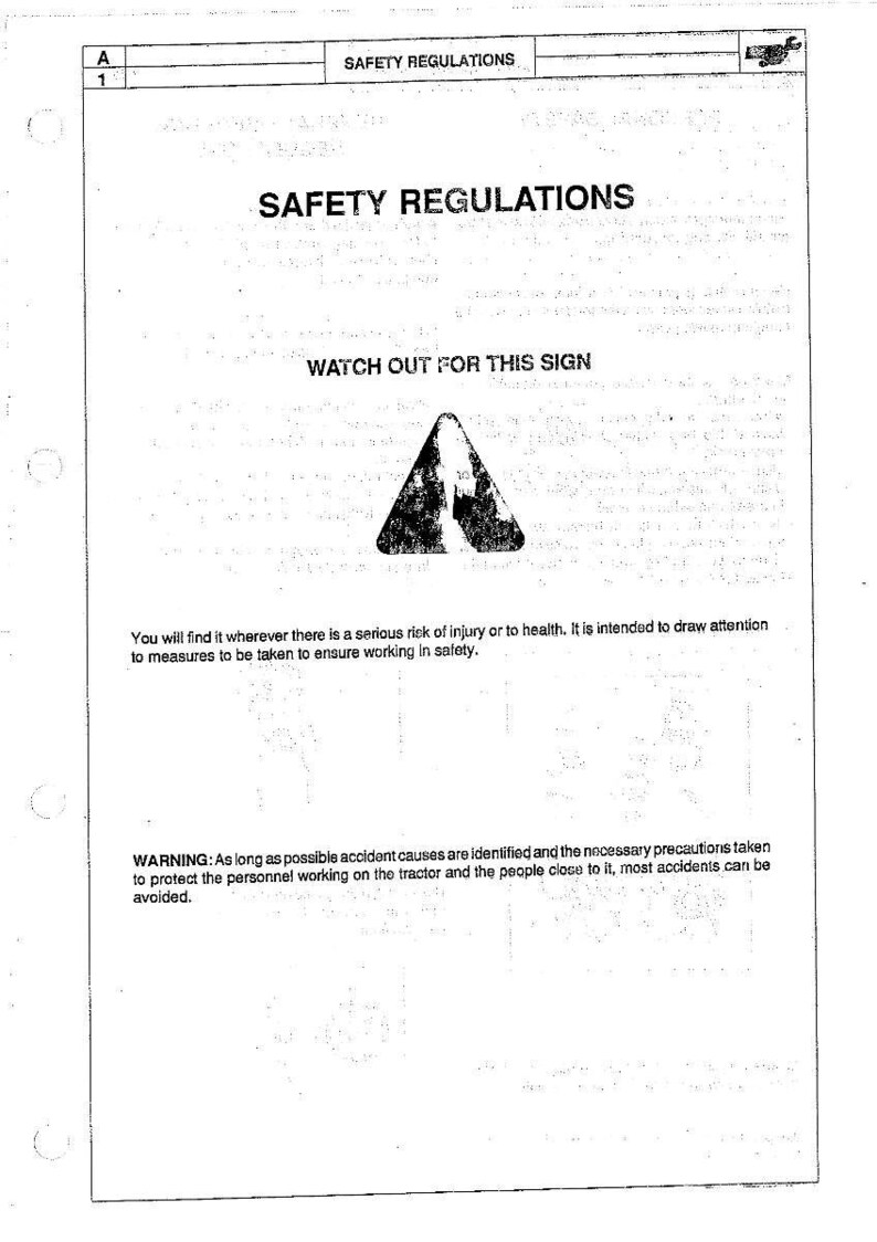 May include: A printed document with the title "SAFETY REGULATIONS." The document includes a warning sign and text that reads "WATCH OUT FOR THIS SIGN." Additional text provides safety instructions and warnings.